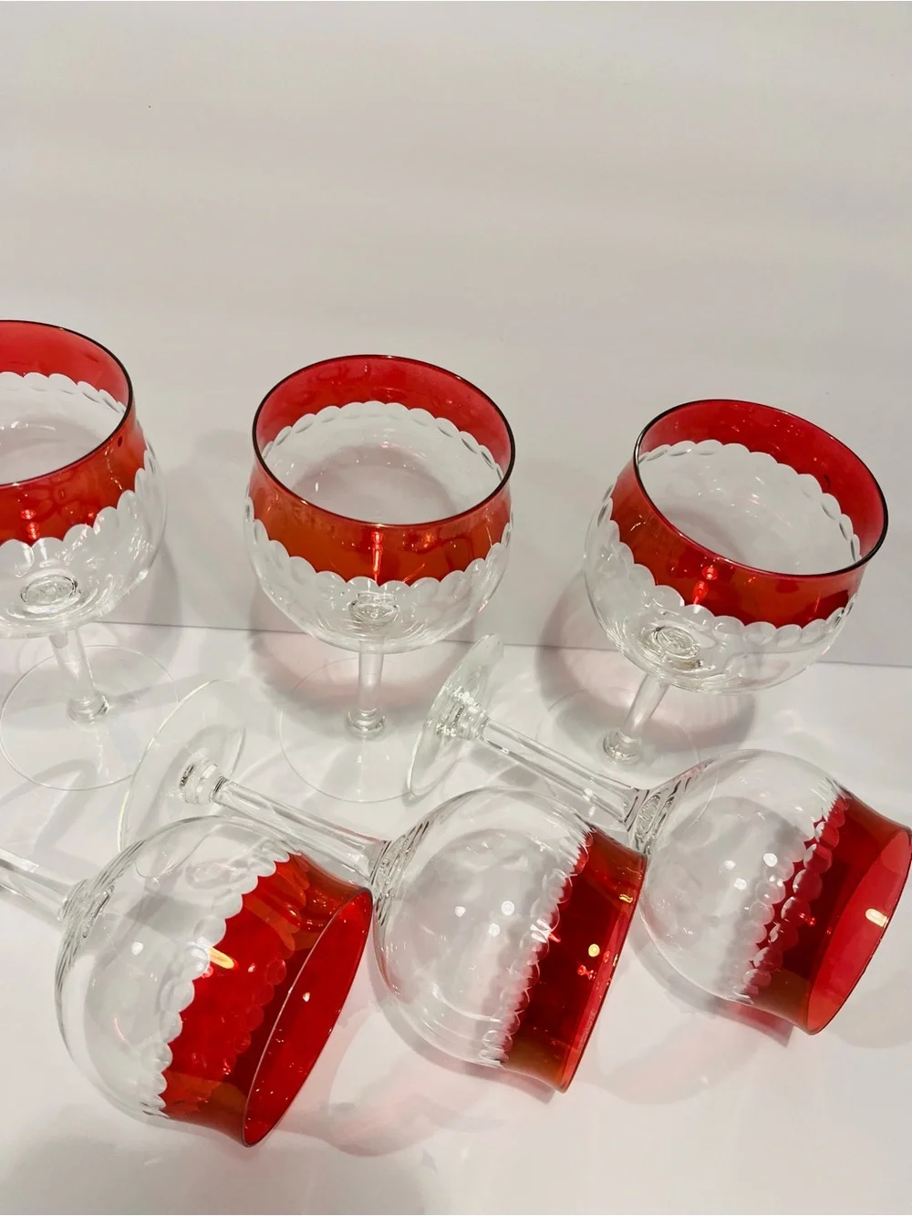 Vintage 1950’s Czech Crystal Cranberry Cut Dots Wine Glasses Set of 6